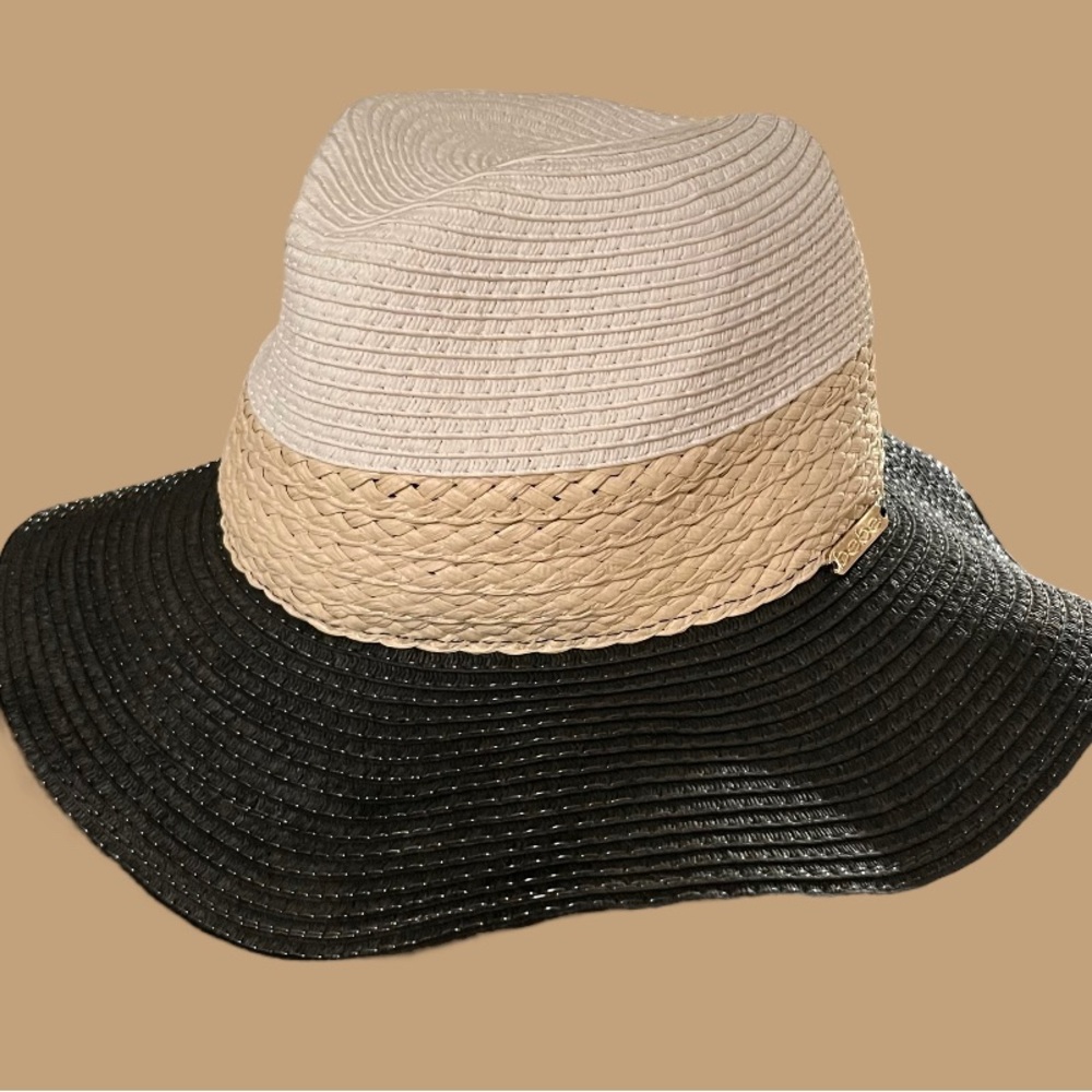 Bebe Black Tan and beige Wide Brim Floppy Hat. size Large, 24” Circumference.